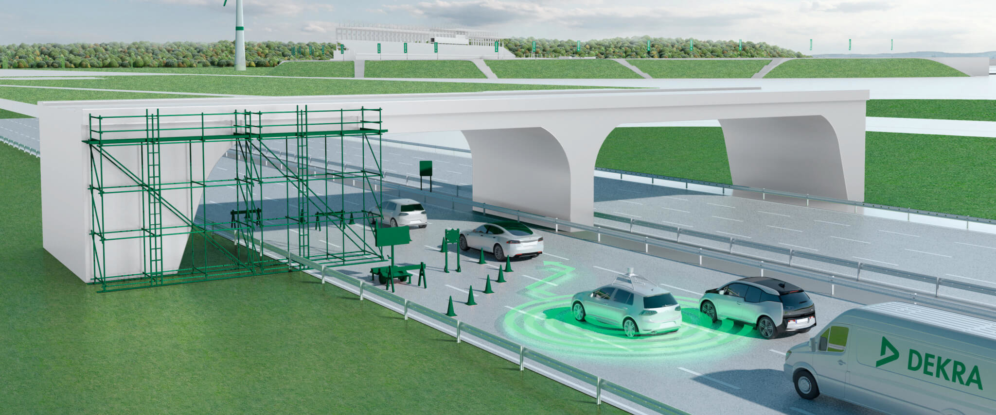 Virtuelle Darstellung eines Test- und Verkehrsszenarios im VR-Rundgang des DEKRA Lausitzrings