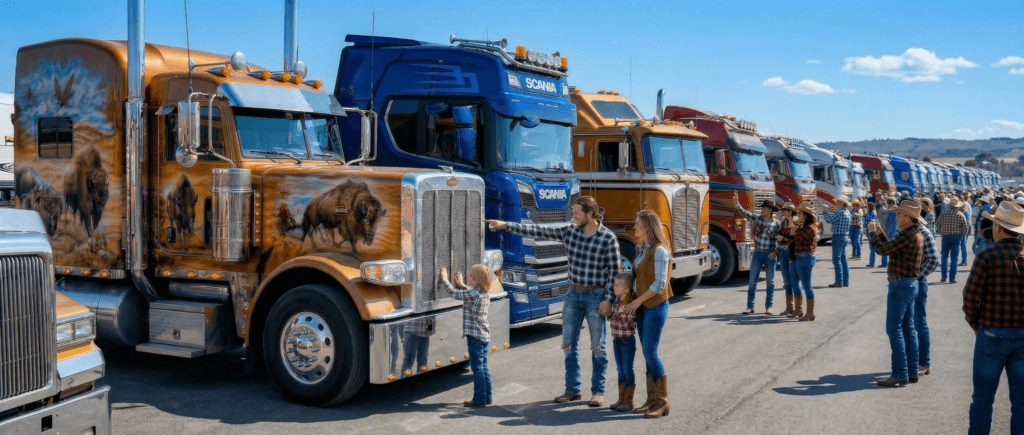 Eine junge Familie bestaunt die Show Trucks beim Show & Shine Contest des Truck und Country Festivals auf dem DEKRA Lausitzring